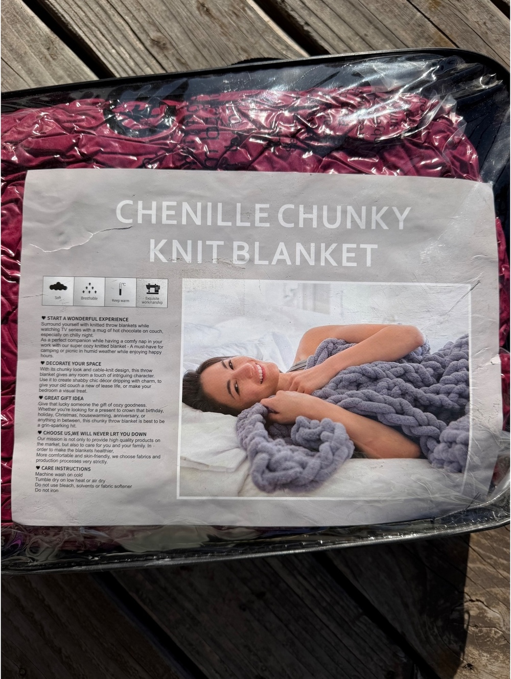 Chenille Chunky Knit Blanket Cabernet Red 50x60 Shrink Wrapped New in Bag